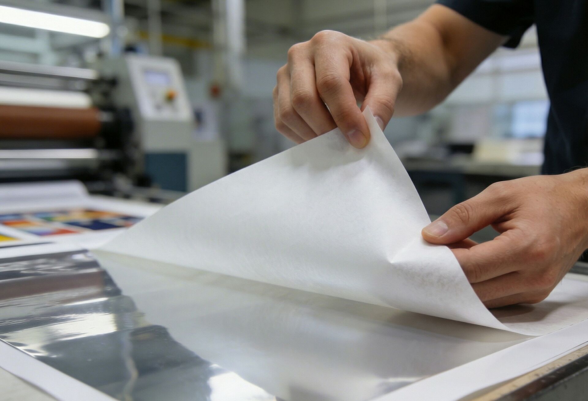 Silikonisiertes Trennpapier BRANOperl (Release Liner) wird kontrolliert und rückstandsfrei von einer industriellen Klebefolie gelöst.